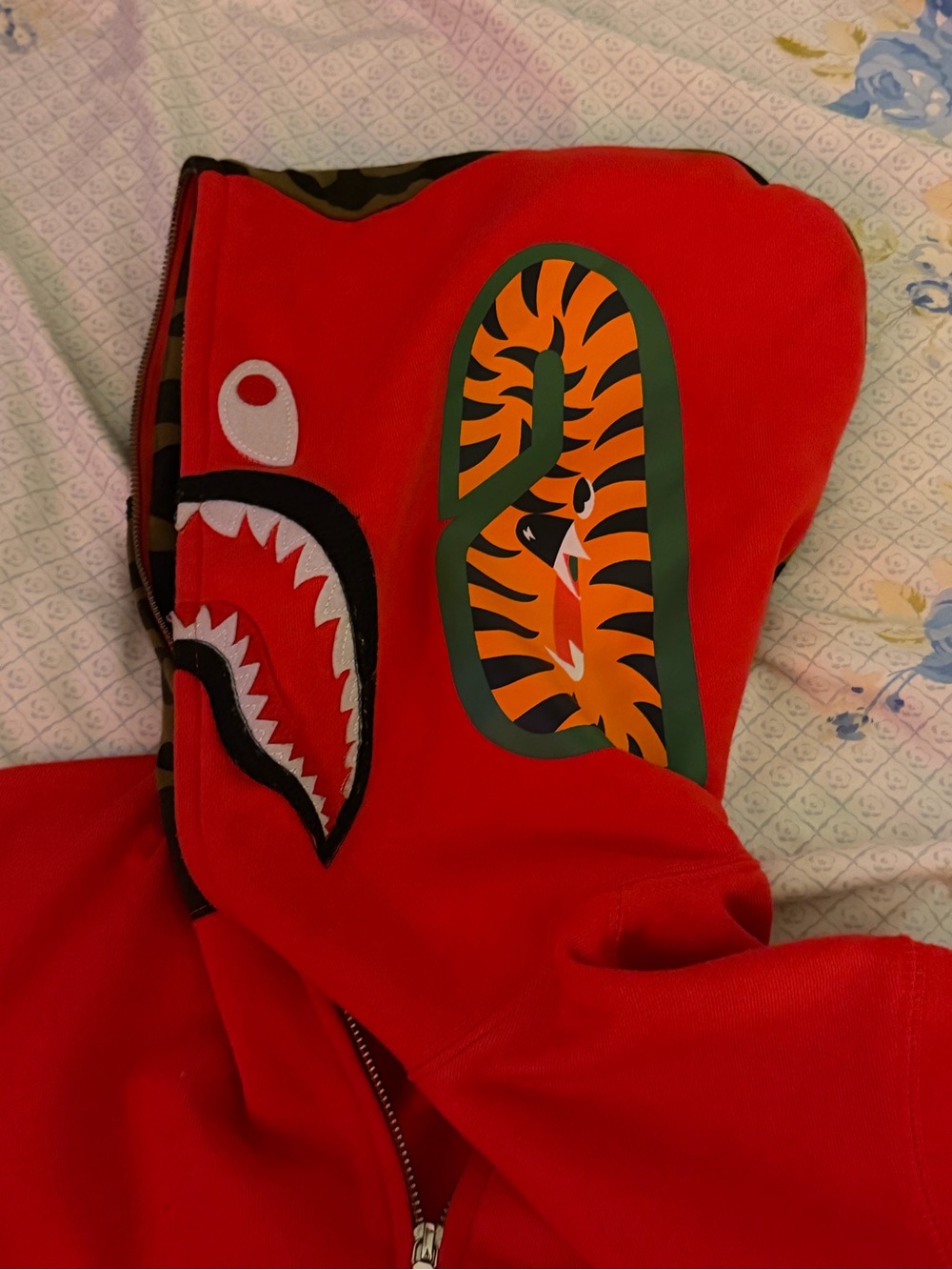 Bape Red Shark & Tiger Full-Zip Hoodie with Green Trim